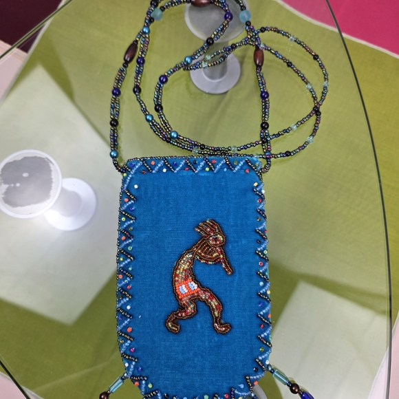 Kokopelli Handbags - Kokopelli Handmade Beaded Aqua Blue Velvet Crossbody Pouch